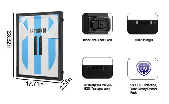 Picture of Youth Junior Jersey Frame Display Case – Lockable Sports Jersey Showcase Box with UV Protection Acrylic, Large Wall Mount Frame for  Junior Footy, Basketball & Soccer Jerseys EDJBA VJBA (Black Finish)