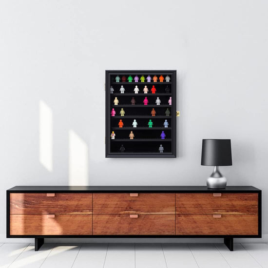 Picture of LARGE Minifigure Display Case - Building Block Toy Minifigures Display Case Minifigure Wall Cabinet Showcase for Small Miniature Collectibles Mini Brands, with Acrylic Door Lockable (Black Finish Frame)